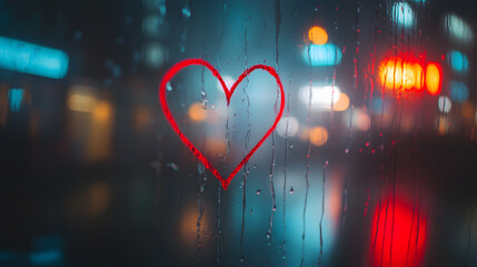 red heart drawn on fogged up window with blurred city lights in background creates romantic and dreamy atmosphere