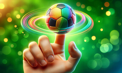 Fototapeta premium Eine Hand mit Zeigefinger tippt an einen sich drehenden kleinen Fußball in Regenbogenfarben, Hintergrund grün mit Bokeh, copy space