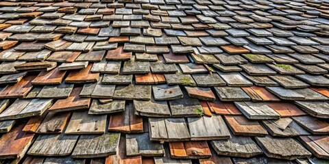 A weathered shingle roof displays a mosaic of aged wood, exhibiting various tones and textures, revealing the passage of time and the elements influence.