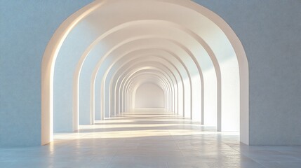 Endless White Arches Corridor with Light and Shadow Patterns on the Floor 3D