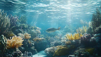 Fototapeta premium grouper camouflaged near coral formations in tranquil underwater scene, surrounded by vibrant marine life and sunlight filtering through water