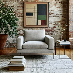 Naklejka premium Modern armchair in loft apartment, brick wall background, books and plants, interior design
