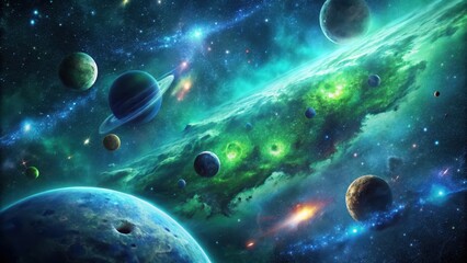 Naklejka premium A Cosmic Panorama Celestial Bodies Orbiting Within a Vibrant Nebula, Featuring Planets of Varying Sizes and Rings
