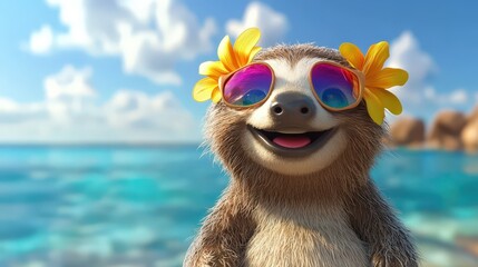 Fototapeta premium Little cartoon sloth on the beach. Selective focus