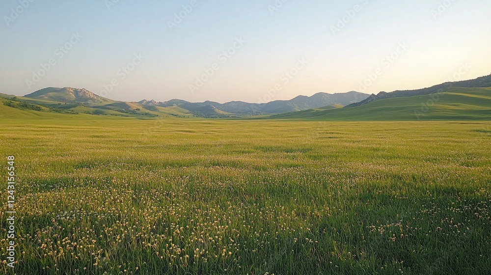 Poster a breathtaking view showcases vast fields of golden grass bathed in warm sunlight. the serene landsc