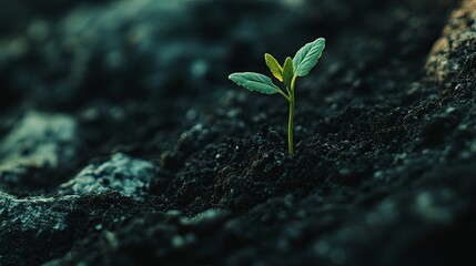 Minimalist green sprout emerging from rich soil, World Plant a Tree Day.