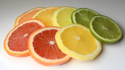 vibrant collection of citrus slices including lemon, lime, and grapefruit arranged on white surface, showcasing their colorful and fresh appearance