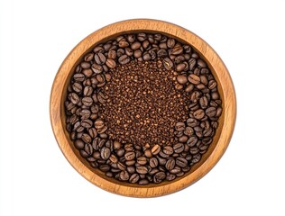Fototapeta premium Image of coffee beans and ground coffee in a wooden bowl, isolated on a white background, top view. Flat lay