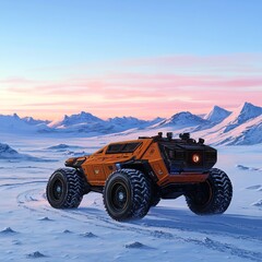 illustration of an AI-powered vehicle exploring the frozen tundra of a distant exoplanet