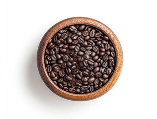 Fototapeta premium Image of coffee beans and ground coffee in a wooden bowl, isolated on a white background, top view. Flat lay