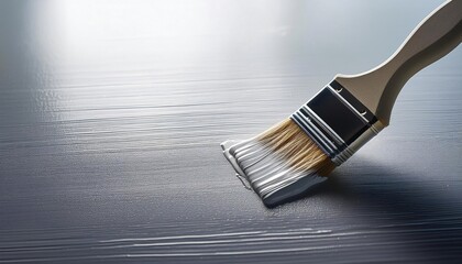 Painting Process Close up of Paintbrush Applying Light Gray Paint to Dark Surface