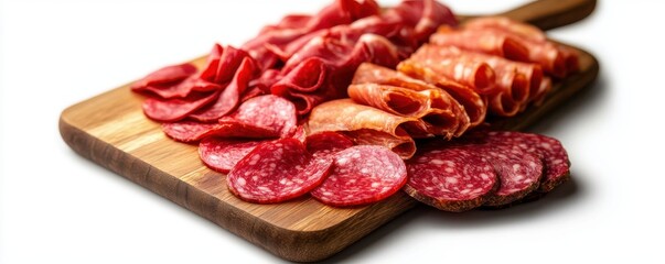 Obraz premium A vibrant assortment of sliced cured meats arranged on a wooden cutting board, perfect for charcuterie boards and gourmet dishes.