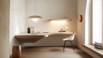 Minimalist office layout with floating desks, smooth wooden floors, and warm lighting.