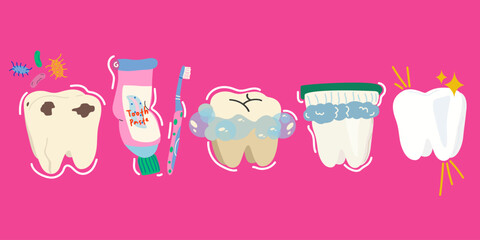 National Dentist Day. Clean white tooth dental care educational banner. Toothbrush and toothpaste for daily oral hygiene. Vector illustration