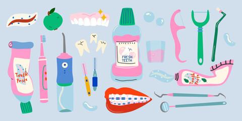 Dental cleaning tools, caries treatment, oral care and hygiene products. Dental care accessories. Dental vector stickers in retro style