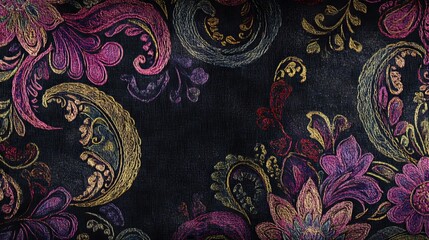 A stylish paisley floral design.  It's a vintage-inspired, embroidered pattern with a textured, grunge look.  Perfect for fabric or wallpaper.