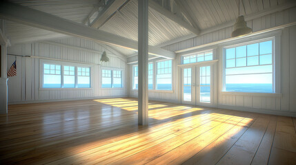 Naklejka premium Sunlit seaside room with hardwood floors and expansive windows.