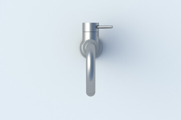 Metallic faucet on light gray background. Mixer for cold and hot water. Kitchen or bathroom equipment. Top view. 3d render
