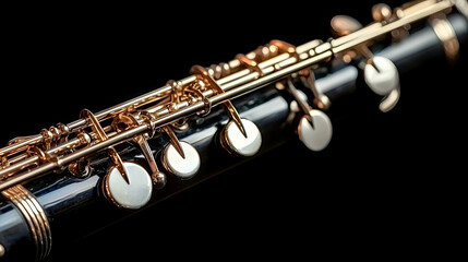 Fototapeta premium Close-up black clarinet detail, gold keys, dark background, musical instrument, studio shot