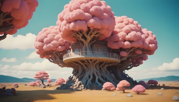 Fotograf&iacute;a de animes cl&aacute;sicos coloridos, un mundo surrealista e imaginativo con estructuras org&aacute;nicas &uacute;nicas, una paleta c&aacute;lida y apagada y un ambiente et&eacute;reo e introspectivo, influenciado por artista