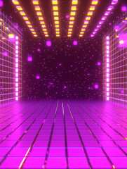Neon grid floor and ceiling, purple and gold lights.