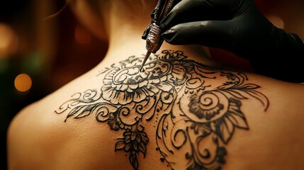 Obraz premium A tattoo artist is meticulously inking an intricate design onto a customer's back.