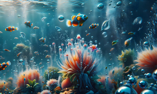 Unter Wasser im Ozean, Meerestiere schwimmen, luftblasen steigen hoch, Wasserpflanzen bl&uuml;hen, ein einzelner Fisch schwimmt vorbei