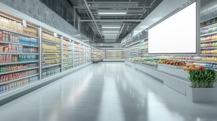 Modern supermarket interior featuring extensive shelves organized with colorful products and a blank advertising space for promotional use