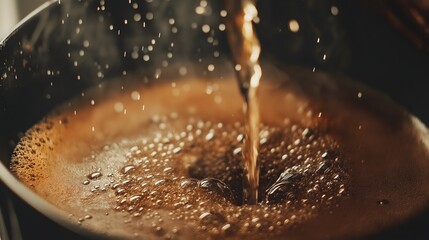 Coffee Pouring into Cup Creating Bubbles and a Warm Drink Aesthetic