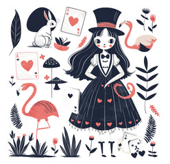 Watercolor wonderland set. Hand drawn vintage art work with white rabbit, playing cards, silver key, cylinder hat and flamingo.