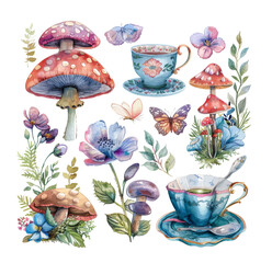 Watercolor wonderland set. Hand drawn vintage art work with white rabbit, playing cards, silver key, cylinder hat and flamingo.