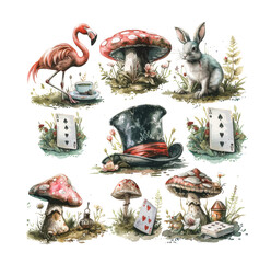 Watercolor wonderland set. Hand drawn vintage art work with white rabbit, playing cards, silver key, cylinder hat and flamingo.