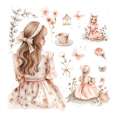 Watercolor wonderland set. Hand drawn vintage art work with white rabbit, playing cards, silver key, cylinder hat and flamingo.
