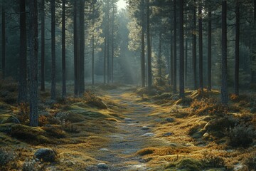 Obraz premium Foggy pine forest with tall trees and dense greenery