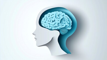 Paper-cut card vector logo design of a human head profile with a brain inside, in a minimalist, flat style illustration. The colors used are soft blue and white, 