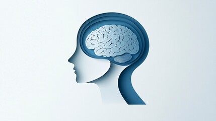 Obraz premium Paper-cut card vector logo design of a human head profile with a brain inside, in a minimalist, flat style illustration. The colors used are soft blue and white, 