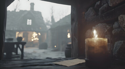 Medieval village burning, candlelit window view, parchment, game asset