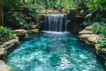 Naklejka premium Waterfall cascading into a tranquil pool in a forest
