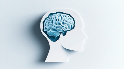 Paper-cut card vector logo design of a human head profile with a brain inside, in a minimalist, flat style illustration. The colors used are soft blue and white, 