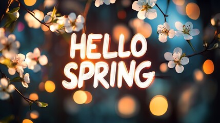 Modern "HELLO SPRING" text with a soft bokeh floral background.