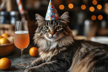 Cat Birthday Celebration with Party Hat and Festive Setting for Pet-Themed Events