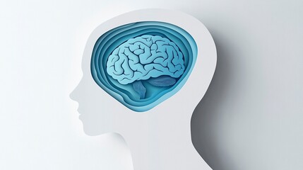 Obraz premium Paper-cut card vector of a human head profile with a brain inside, in a minimalist, simple design on a white background. A blue circle is on the left side of the banner, with a copy space area. 