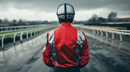Obraz premium A jockey wearing a red and silver jacket, standing on a horse racing track, viewed from behind, on a cloudy day