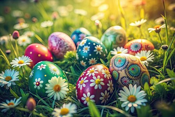 Fototapeta premium Rustic Easter photography showcases vintage floral eggs, vibrant spring decor, and charming color palettes.