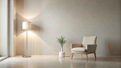 Serene Minimalist Interior Design Featuring a Modern Armchair, Floor Lamp, and Simple Plant Decor