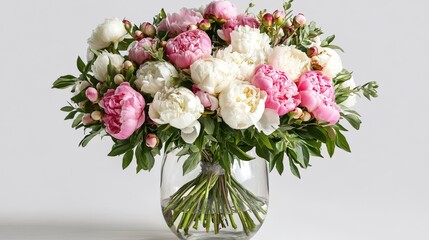 Neatly arranged bouquet of peonies in a transparent vase.