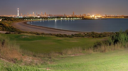 Night cityscape view from grassy hill overlooking calm bay.  City lights illuminate the skyline across the water.