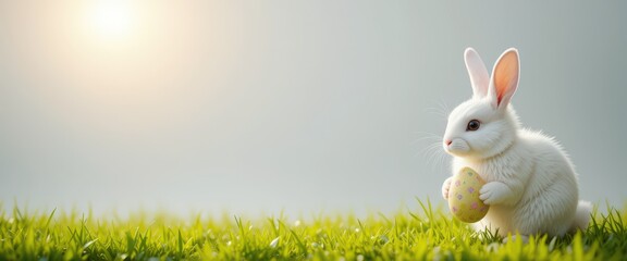 White rabbit holding an Easter egg in sunlight.