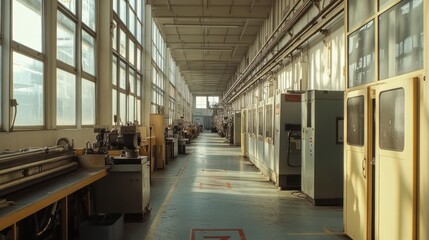 Obraz premium A spacious industrial corridor lined with machinery and equipment for manufacturing processes.