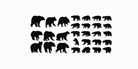 Print Bear silhouette, various poses of bear, standing, walking, sitting, wildlife, nature, animal, black, outline, wild, mammal, grizzly bear collection isolated on  white  background 